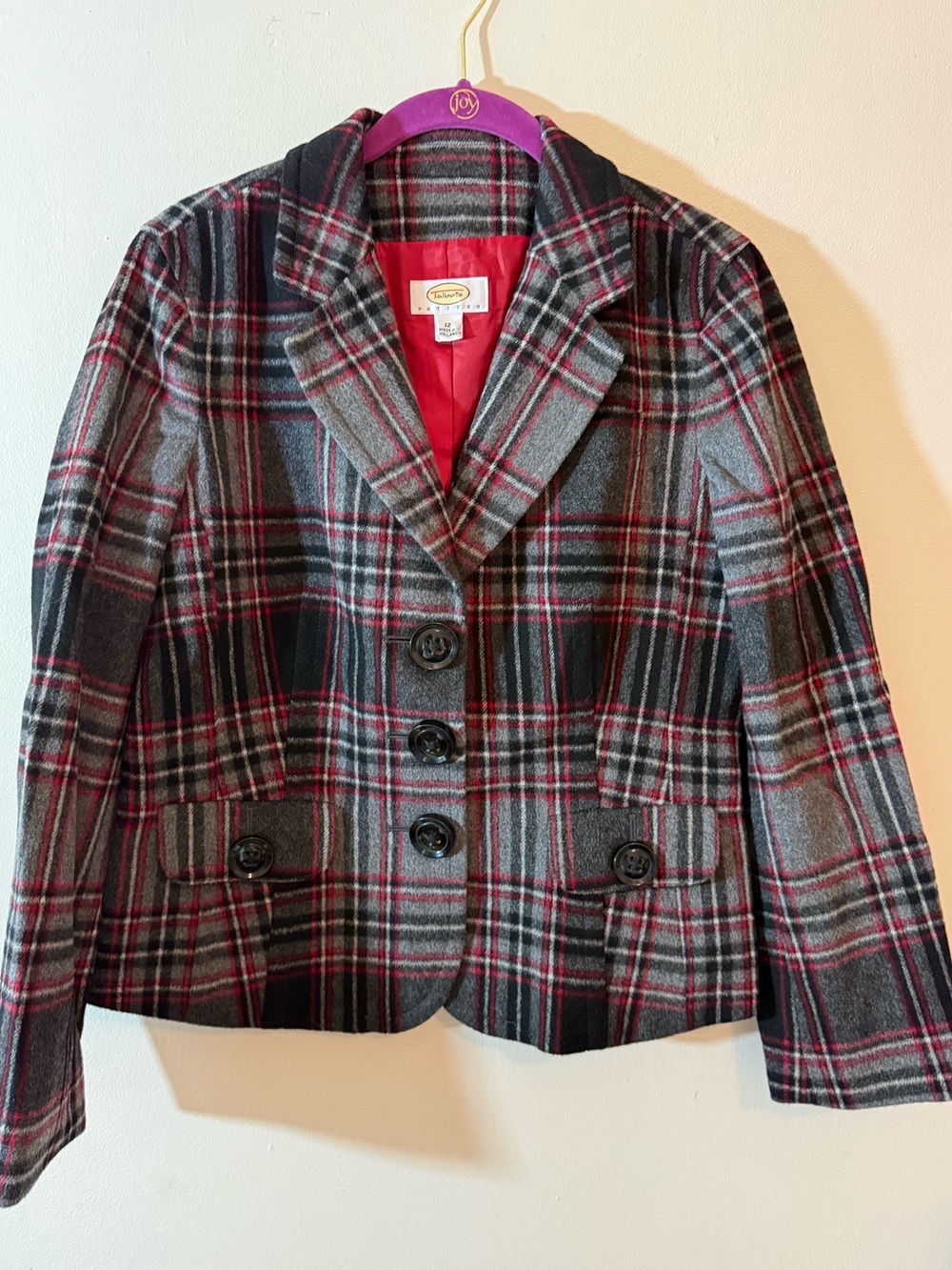 Talbots Gray and Pink Plaid Wool Blazer